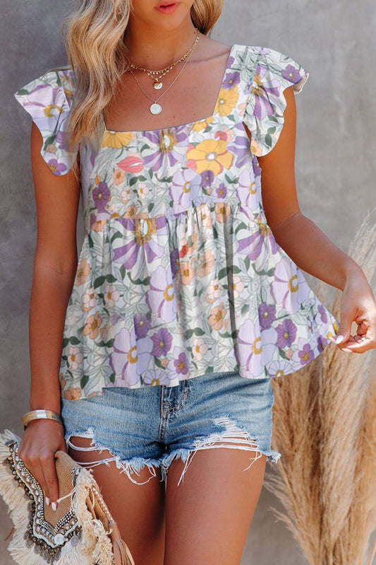 Purple Floral Print Flowy Flutter Sleeveless Shirt