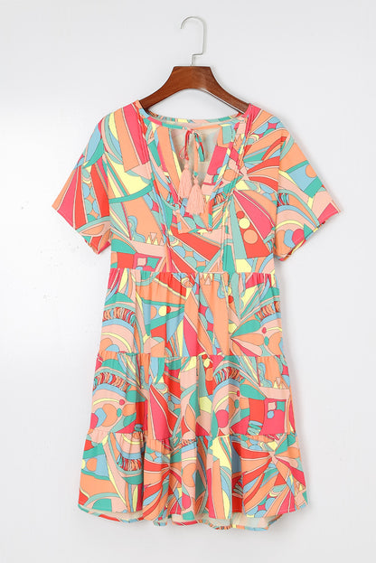 Multicolor Geometric Abstract Print Long Sleeve Shirt Dress