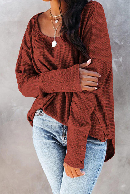 Red Waffle Knit Patchwork Casual Long Sleeve Top