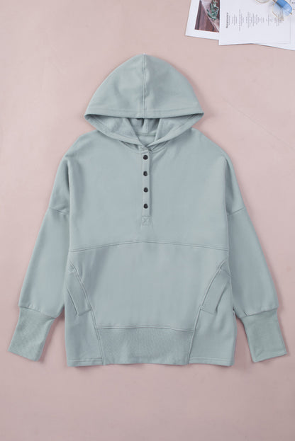 Light Blue Casual Batwing Sleeve Pocket Henley Hoodie