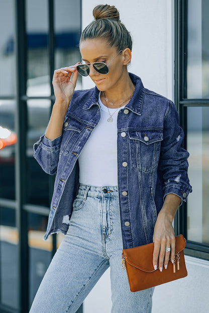 Red Distressed Raw Hem Pocket Buttons Denim Jacket