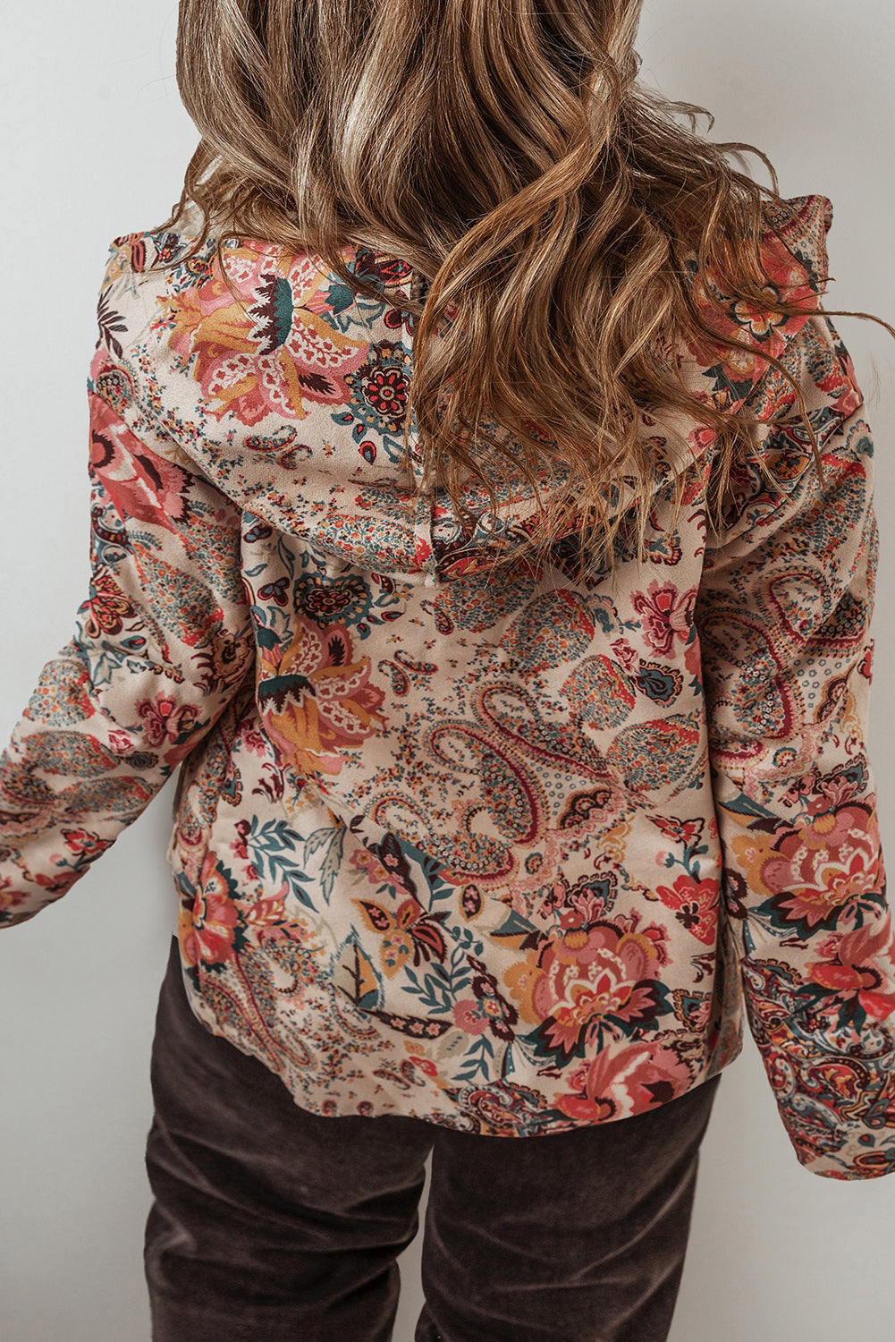 Khaki Vintage Paisley Floral Printed Sherpa Lined Hooded Jacket