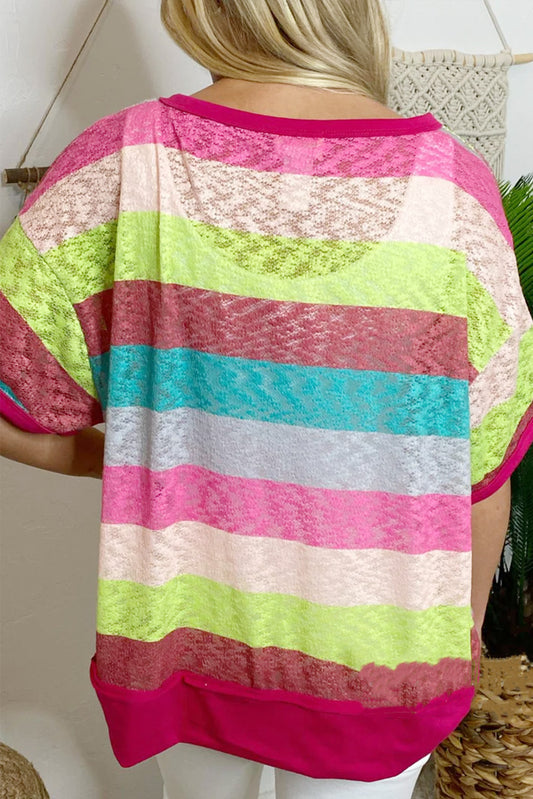 Rose Stripe Colorblock Plus Size Knit Henley Top