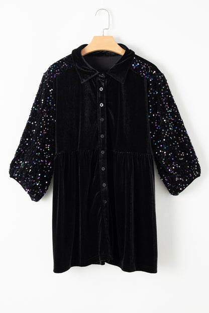 Black Velvet Sequin Puff Sleeve Button Babydoll Blouse