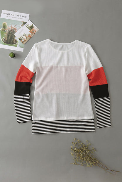 Color Block Stripes Trim Patchwork Casual Textured Long Sleeve Top