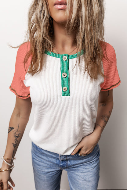 White Patchwork Textured Raglan Sleeve Henley T shirt