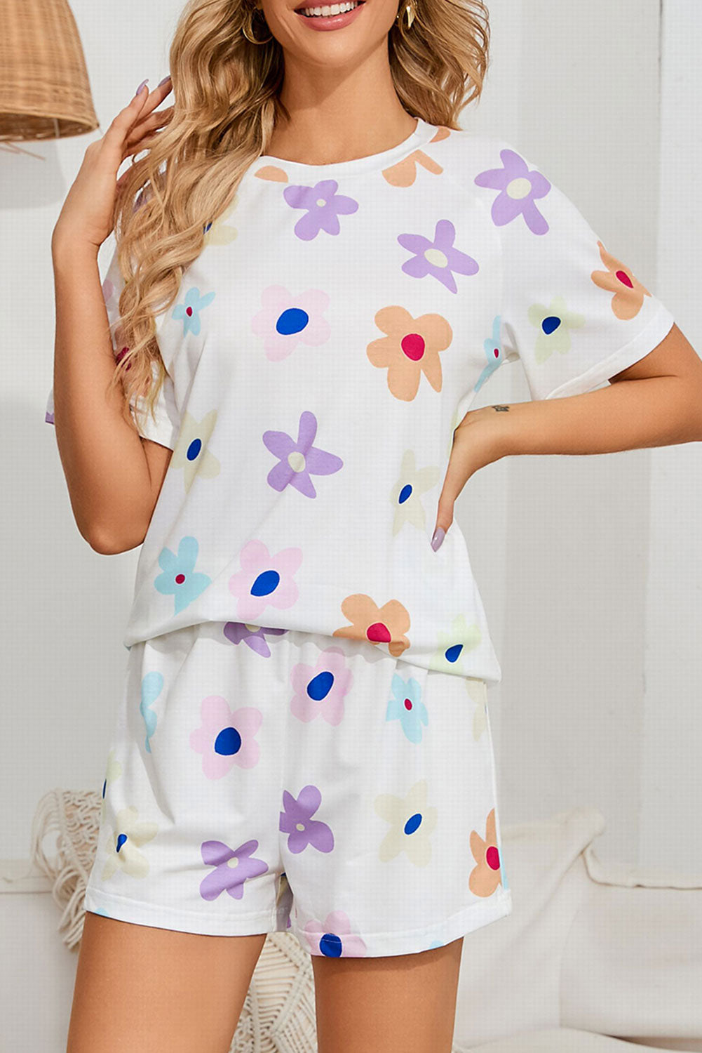 White Flower Print Short Sleeve High Waist Two Piece Shorts Set