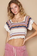 POL Openwork Ethnic Pattern Square Neck Cropped Knit Top