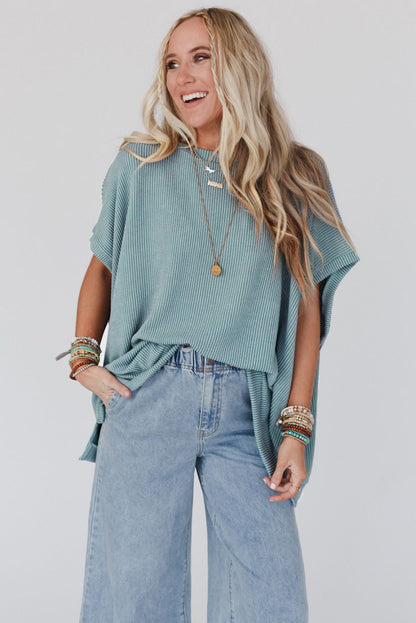 Sky Blue Plain Ribbed Knit Batwing Sleeve Tunic Oversized T Shirt