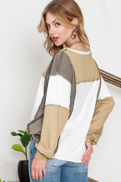 Khaki Color Block Exposed Seam Long Sleeve T Shirt