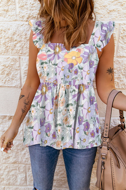 Purple Floral Print Flowy Flutter Sleeveless Shirt