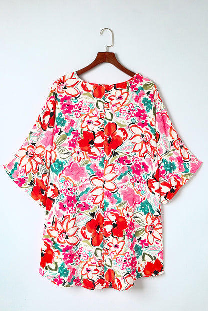 Plus Size Floral Print Boho Kimono Sleeve Shirt