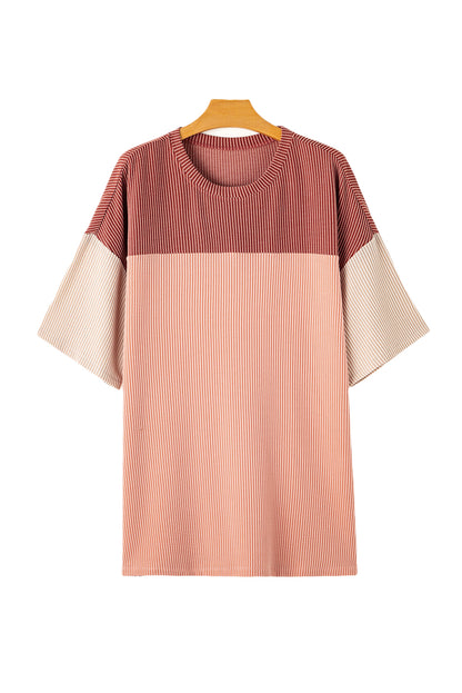 Rose Pink Plus Size Drop Sleeve Colorblock Ribbed T-shirt