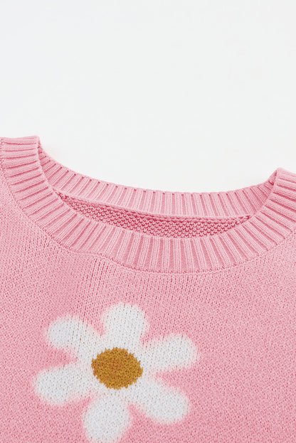 Pink Floral Pattern Drop Shoulder Pullover Knit Sweater