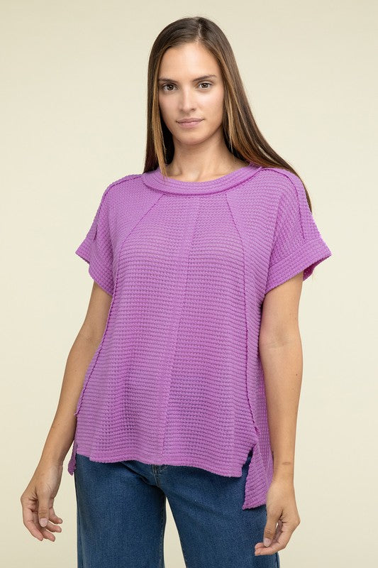 Brushed Waffle Exposed-Seam Short Sleeve Top