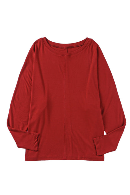 Red Basic Solid Color Seam Patchwork Long Sleeve Top