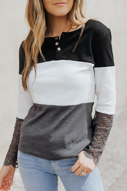 Color Block Ribbed Lace Crochet Sleeves Henley Shirt for Women