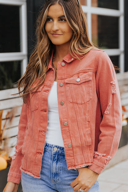 Red Distressed Raw Hem Pocket Buttons Denim Jacket