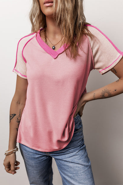 Pink Exposed Seam Patchwork Waffle Knit V Neck T-shirt