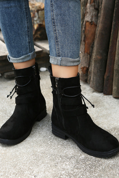 Black Faux Suede Zip Up Buckle Straps Ankle Boots