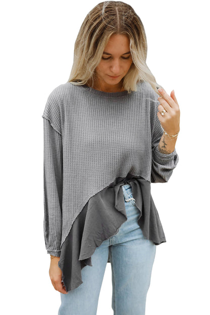 Grey Waffle Knit Patchwork Long Sleeve Top