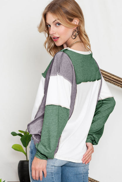 Khaki Color Block Exposed Seam Long Sleeve T Shirt