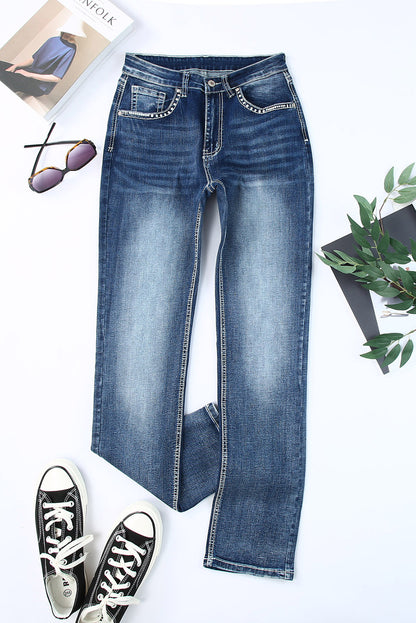 Light Blue Casual Embroidered Animal Straight Leg Jeans