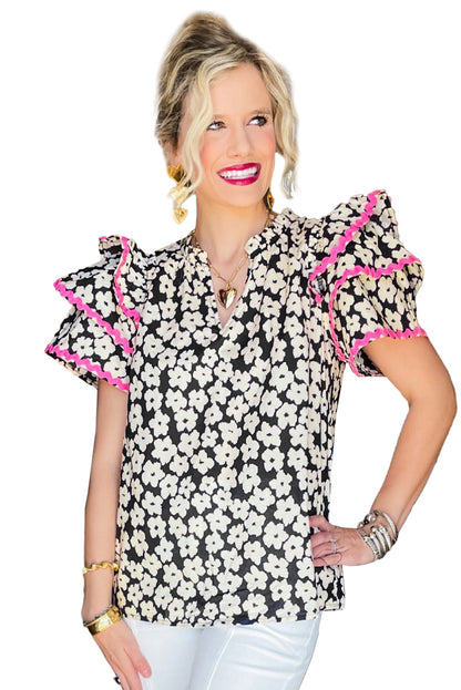 Pink Contrast Ric Rac Layered Ruffle Sleeve Floral Blouse