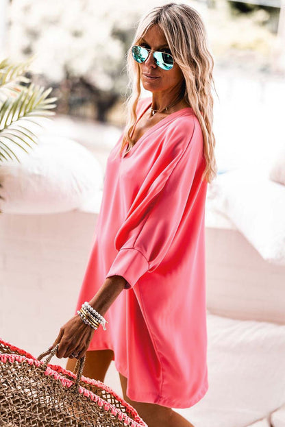 Strawberry Pink Solid Color V Neck 3/4 Sleeve Dress