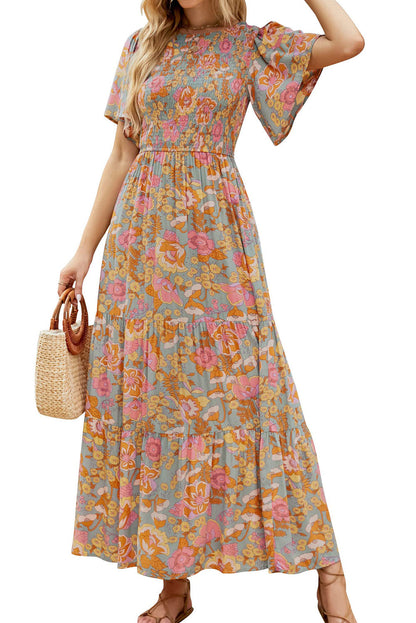 Boho Wide Sleeve Smocked Waist Floral Dress