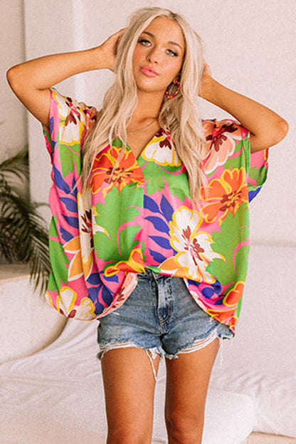 Floral Print Loose Fit V Neck Tunic Blouse