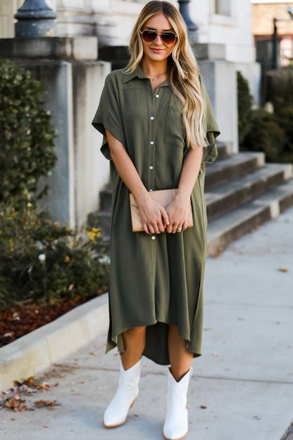 Jungle Green Loose High Low Side Slits Short Sleeve Shirt Dress