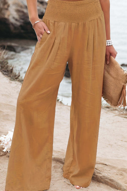 Khaki Smocked Wide Waistband High Waist Wide Leg Pants