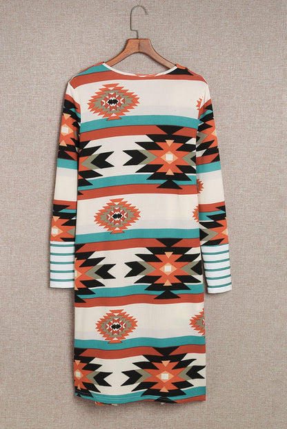 Multicolor Striped Cuffs Aztec Print Color Block Long Cardigan