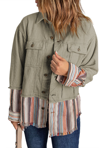 Beige Button Up Pockets Striped Color Block Corduroy Jacket