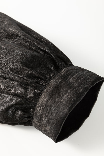 Gold Metallic Velvet Frill V Neck Puff Sleeve Babydoll Blouse