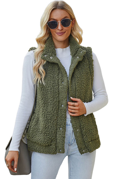 Green Snap Button Collared Stand Neck Sherpa Vest