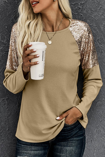 Black and Gold Raglan Sleeve Sequin Top Pullover Long Sleeve Shirt