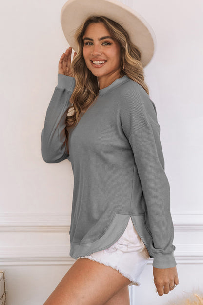 Pink Waffle Knit Crew Neck Casual Long Sleeve Top