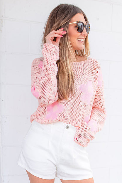 Light Pink Flower Drop Shoulder Hollow Knit Top