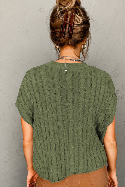 Chestnut Cable Knit Round Neck Short Sleeve Sweater