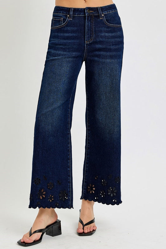 Risen Floral Hem Dark Wash Jeans