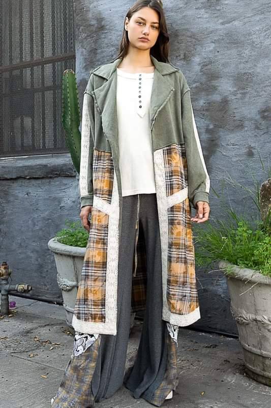 POL Olive Green Plaid Long Shacket