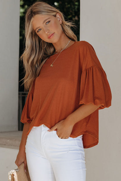 Orange Solid Color Casual Bishop Sleeve Blouse