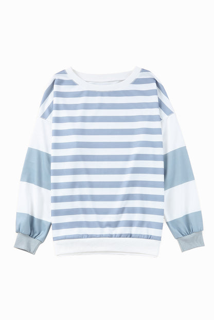 Blue Striped Casual Drop Shoulder Pullover Sweatshirt