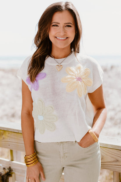 Pink Flower Short Sleeve Crop Knit Tee