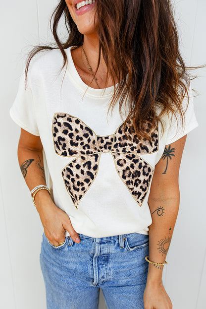Black Leopard Bow Embroidered Cotton Round Neck T Shirt