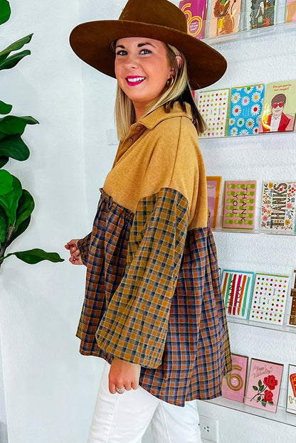 Khaki Yellow Plaid Frill Trim Lantern Sleeve Babydoll Shirt