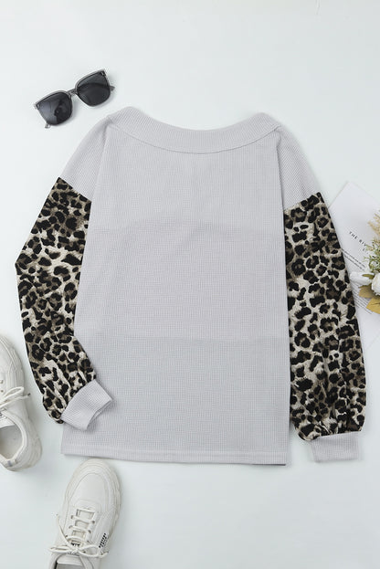 Leopard Print Color Block V Neck Waffle Knit Long Sleeve Top