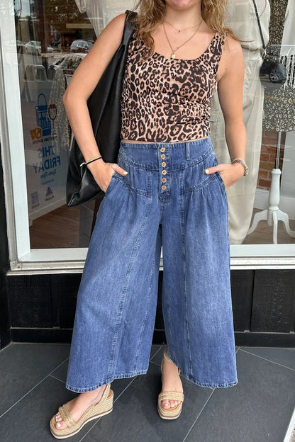 Dusk Blue High Rise Buttons Pleated Cropped Wide Leg Denim Pants